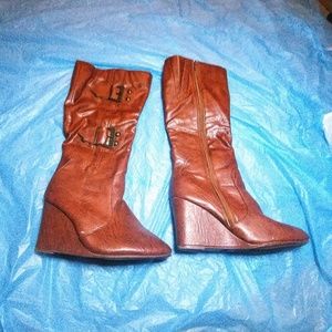 Cognac Calf-High Wedge Boots Size 9M